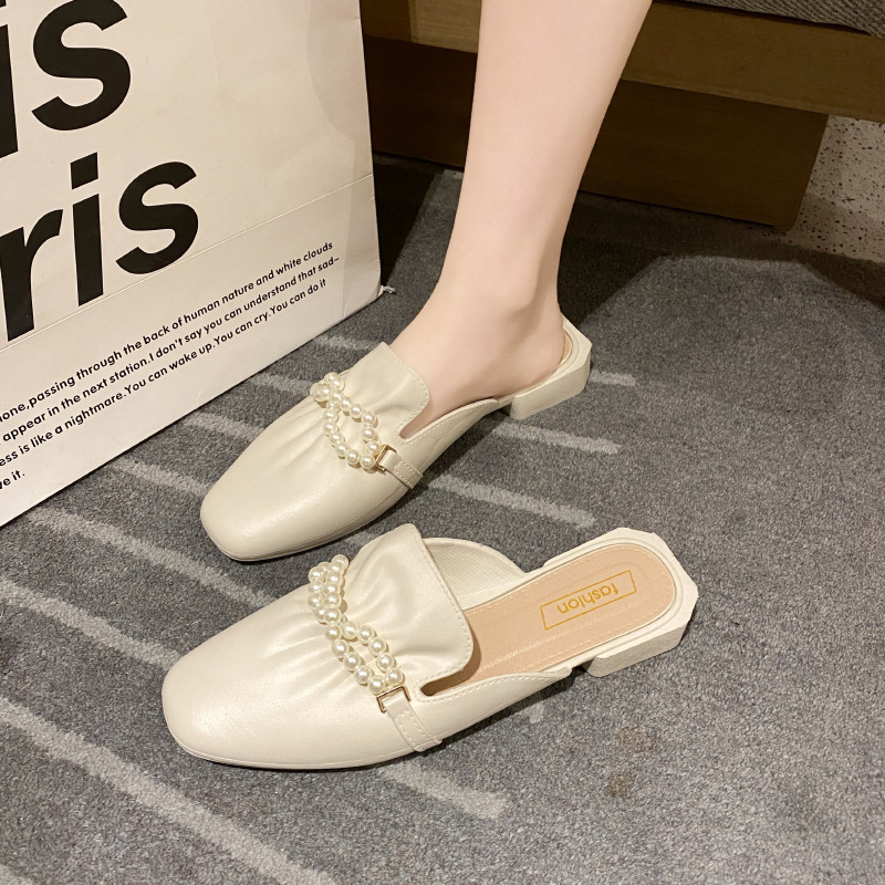 2022新款拖鞋女休闲一脚蹬外穿韩版时尚懒人鞋珍珠包头半拖鞋夏季