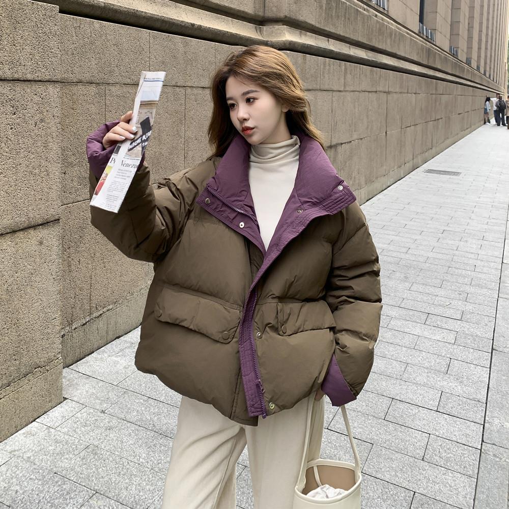 美拉德撞色短款羽绒服女冬2023新款短款小众设计流行白鸭绒外套