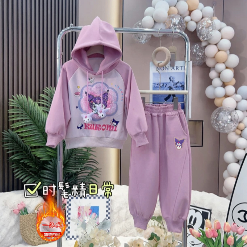 女童2023秋冬加绒套装儿童冬季连帽卫衣日常洋气新款秋季女孩卡通