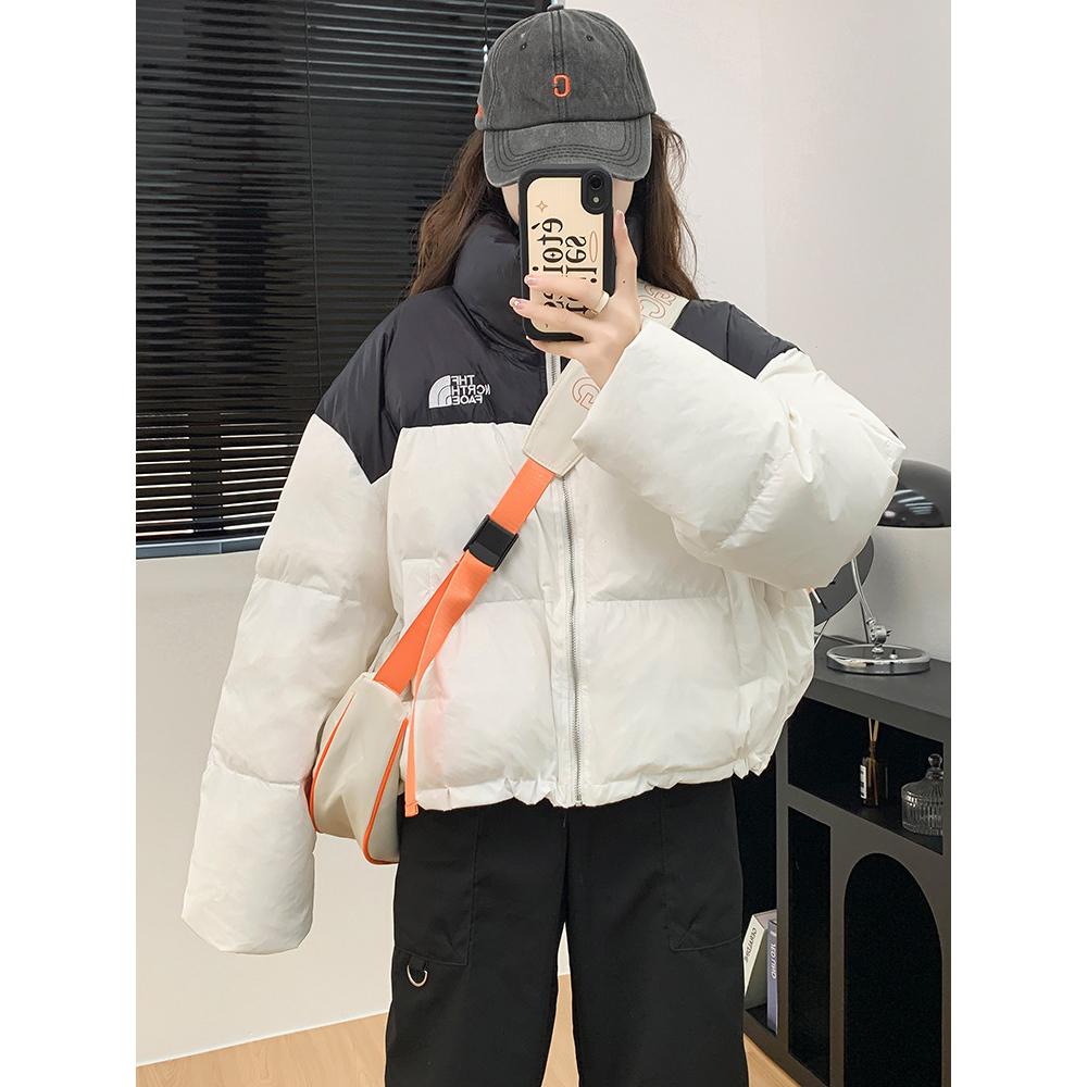 2023冬季新款立领撞色小短款棉服女小个子加厚面包服高街棉衣棉袄