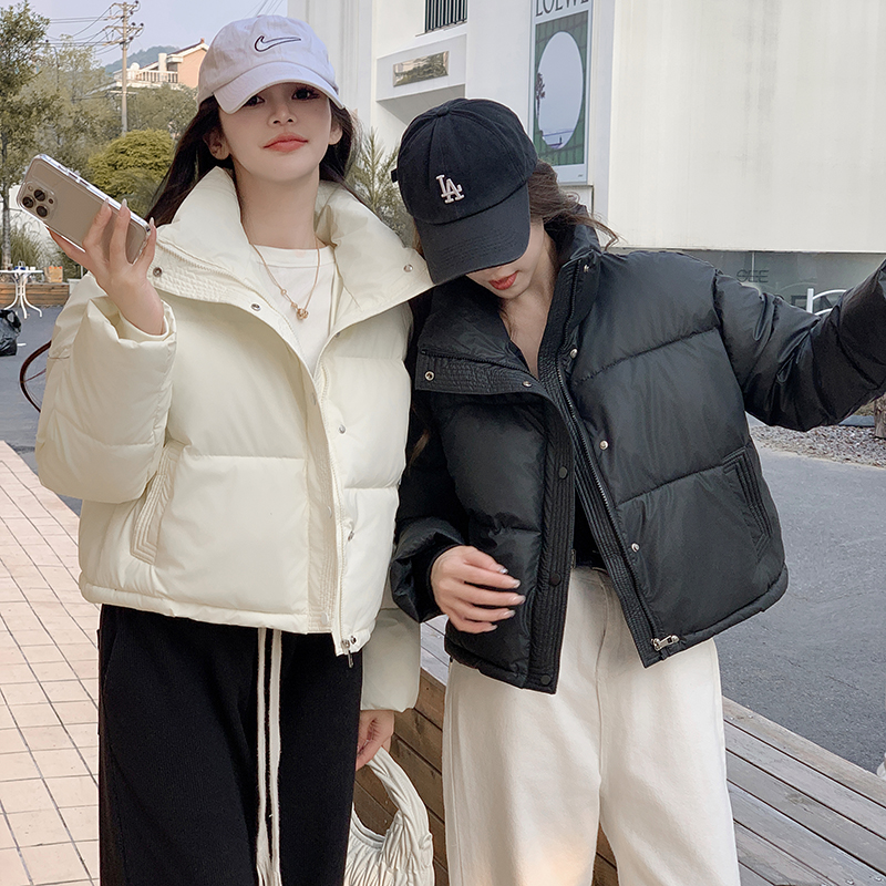 免洗pu皮棉服女短款2023新款冬季加厚立领面包服小个子肯豆外套