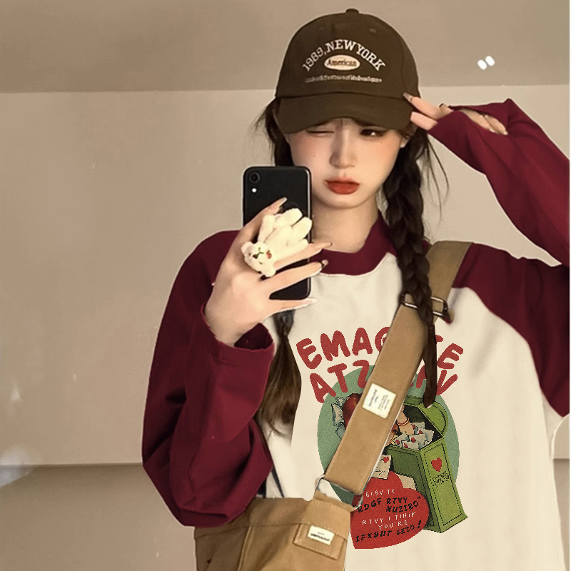 【大河专属】复古圆领T恤插肩女秋冬oversize慵懒风小众设计感情侣t