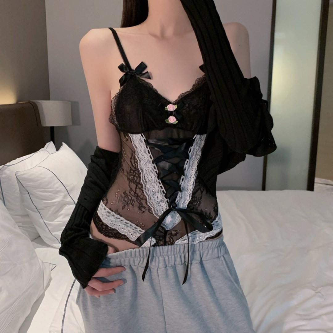 性感蝴蝶结连体衣火辣纯欲风短款v领性感薄款睡裙夏季睡衣连裆