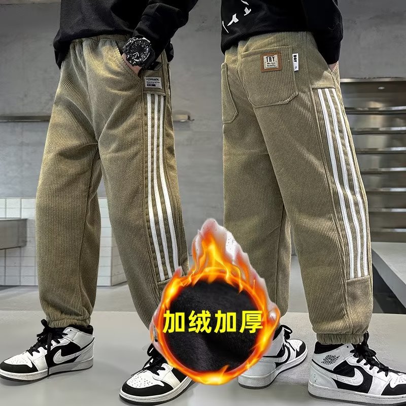 男童灯芯绒休闲裤加绒加厚秋冬季2023新款保暖中大童一体绒棉裤潮