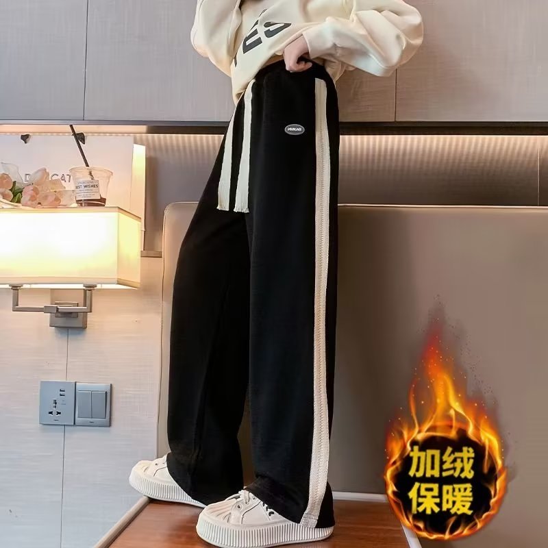 女童阔腿裤秋冬2023新款中大童加绒加厚长裤冬季卫裤儿童休闲裤子