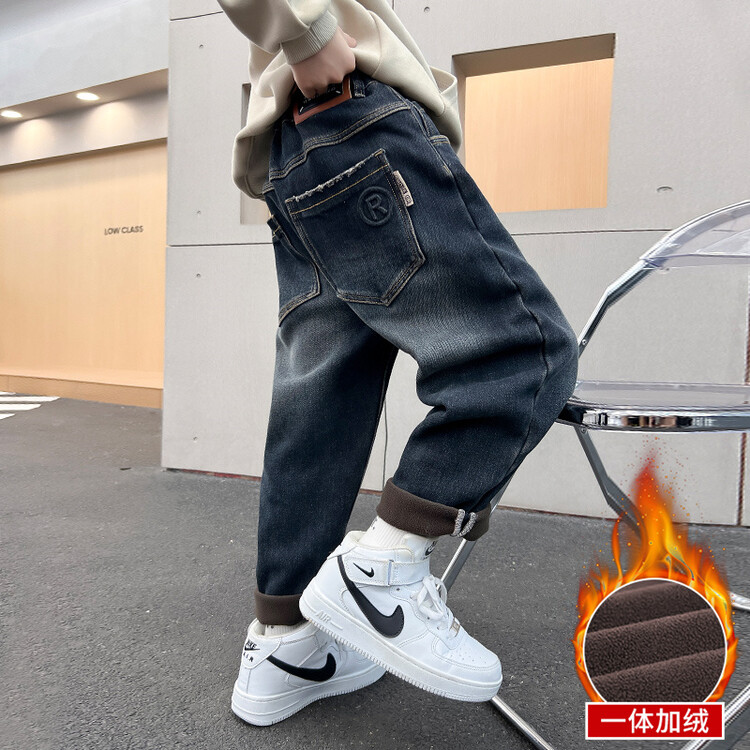 儿童一体绒加厚冬装牛仔裤2023新款大童潮款冬季男童加绒裤子洋气