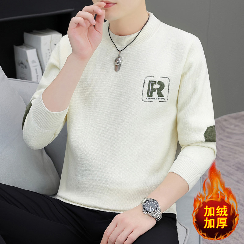 男士秋冬季爆款毛衣天鹅绒圆领百搭针织修身长袖加绒加厚保暖休闲