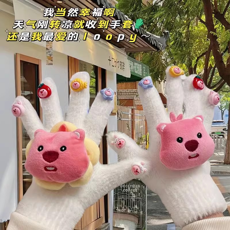 loppy小海狸手套自制手套女冬季保暖电动车可爱寸kt猫五指手套