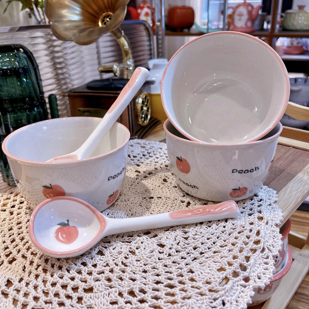 （2碗2勺）家用碗勺水蜜桃碗创网红可爱碗勺餐具组合陶瓷米饭碗具