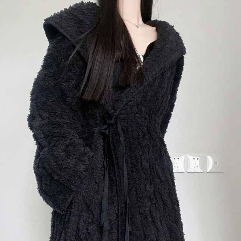 黑色珊瑚绒睡袍女冬季加绒加厚长款浴袍睡衣连帽法兰绒秋冬可外穿