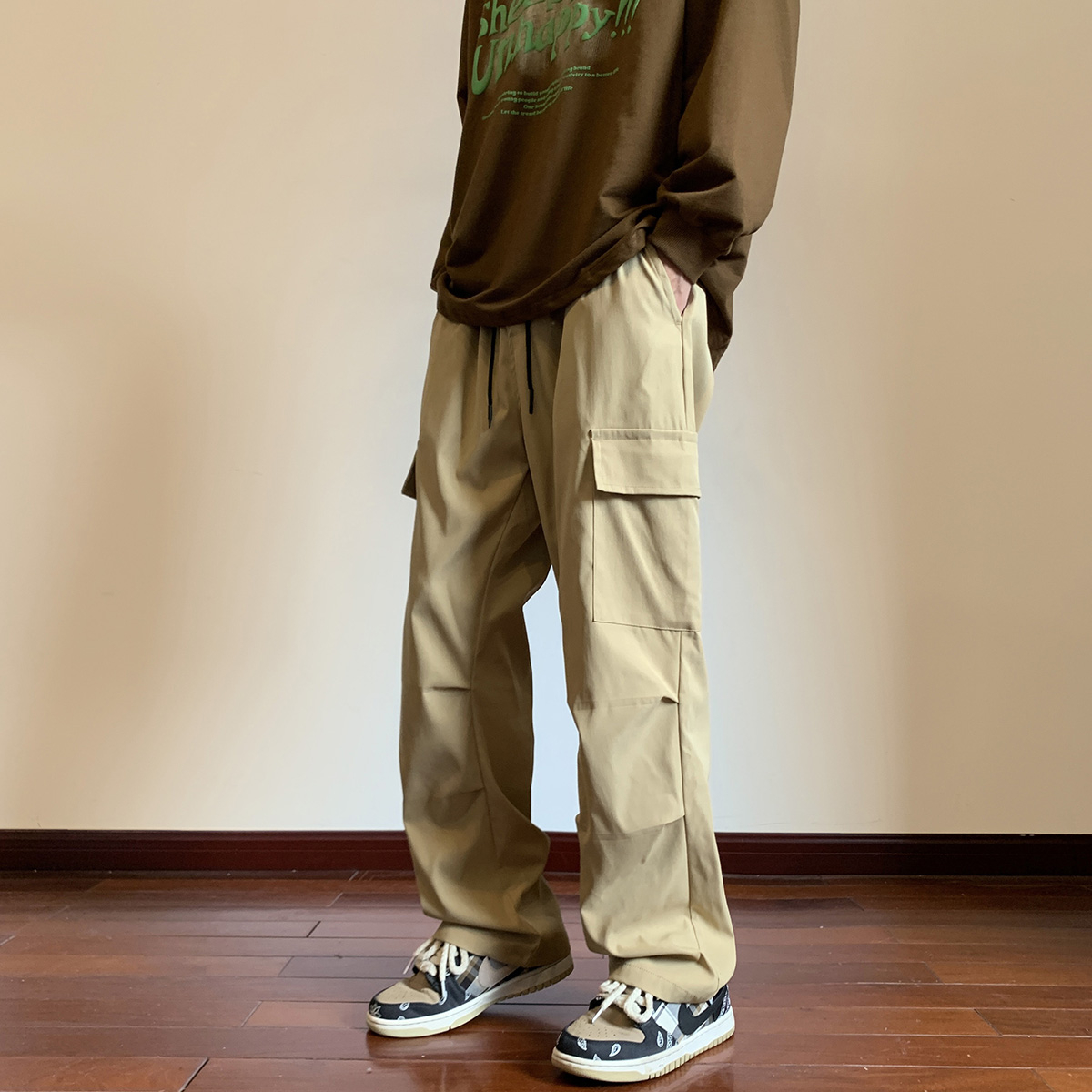 二更美式机能风伞兵裤男士春秋港风褶皱直筒休闲裤大口袋拖地裤