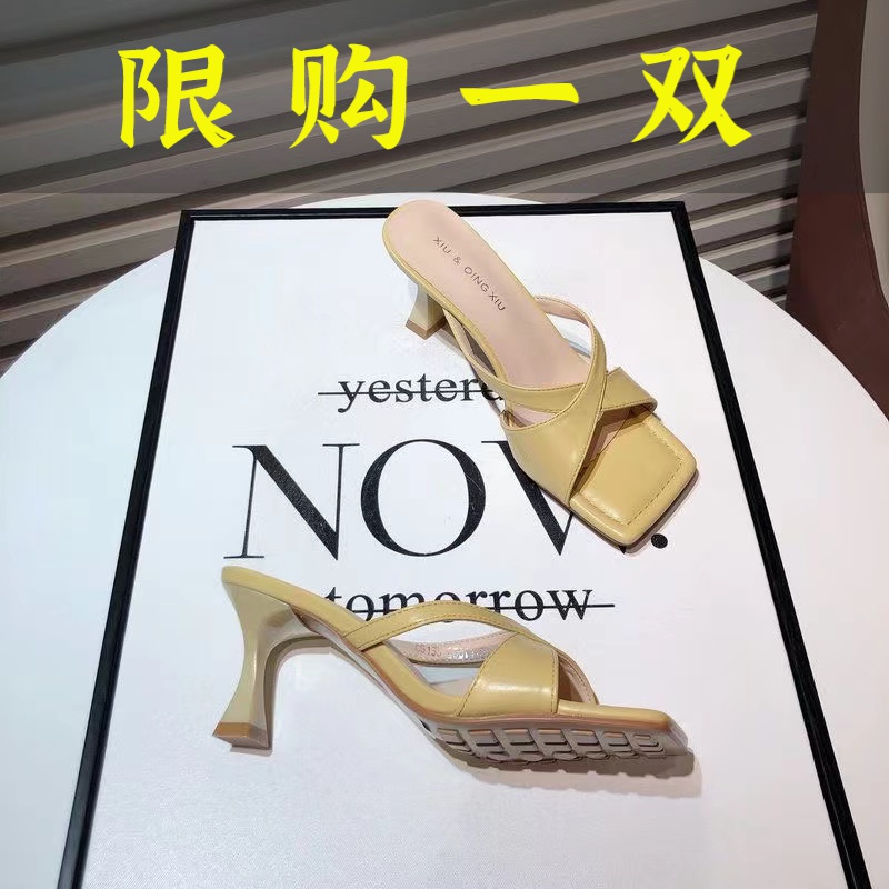百丽纯爱2023夏季新款网红时装鞋女细跟方头露趾高跟凉拖鞋百搭