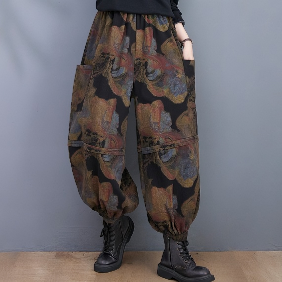 高档复古牛仔裤2023秋冬爆款老爹裤印花松紧腰显瘦妈妈哈伦灯笼裤