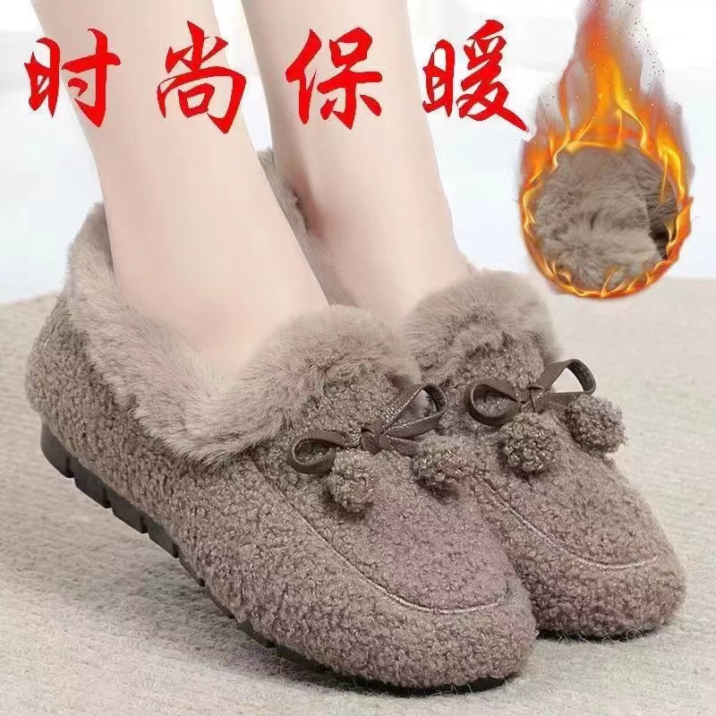 百丽纯爱羊羔毛鞋冬季新款加绒毛女士豆豆鞋厚底毛毛鞋时尚百搭软