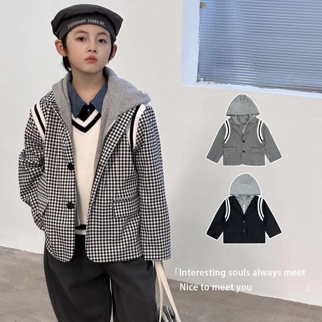 【年少模样】若大王潮酷格子假两件秋季连帽童装外套 QY-BK150