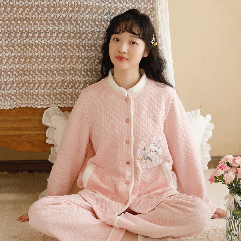 《如萱》秋冬季厚款全棉保暖女士大码可外穿夹棉新款家居服睡衣套装