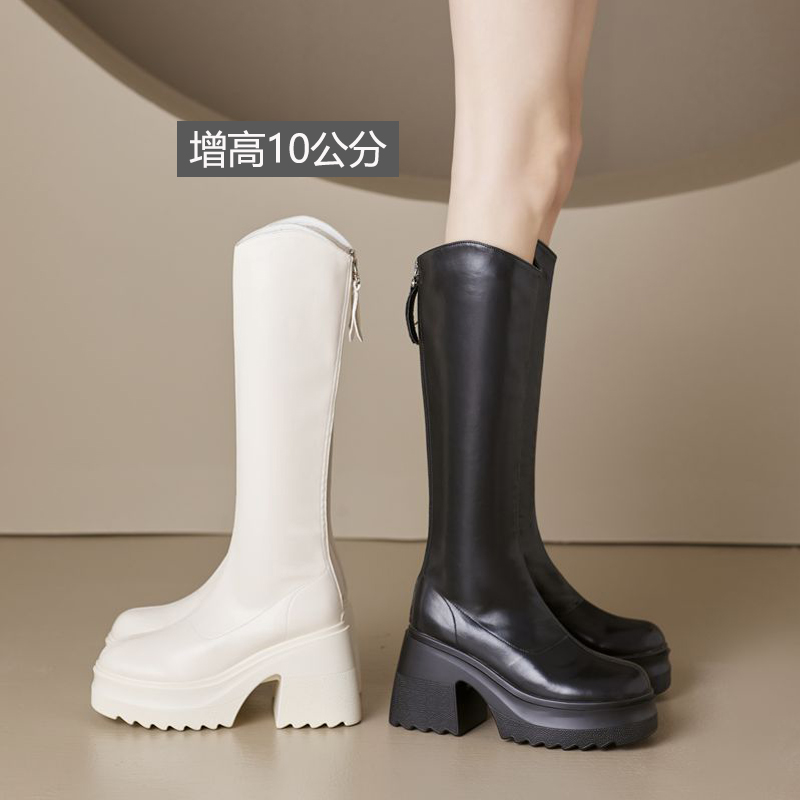红蜻蜓牌增高10厘米厚底高筒靴女秋冬季加绒高跟靴子小个子骑士靴