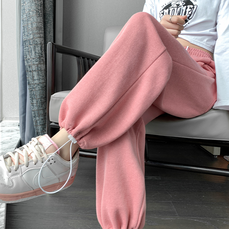 小个子秋冬加绒束脚运动裤女九分宽松两穿卫裤加厚拖地阔腿裤