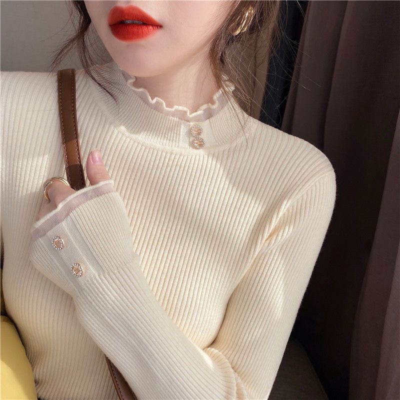 长袖毛衣女上衣半高领针织衫秋冬百搭修身显瘦内搭木耳边打底衫