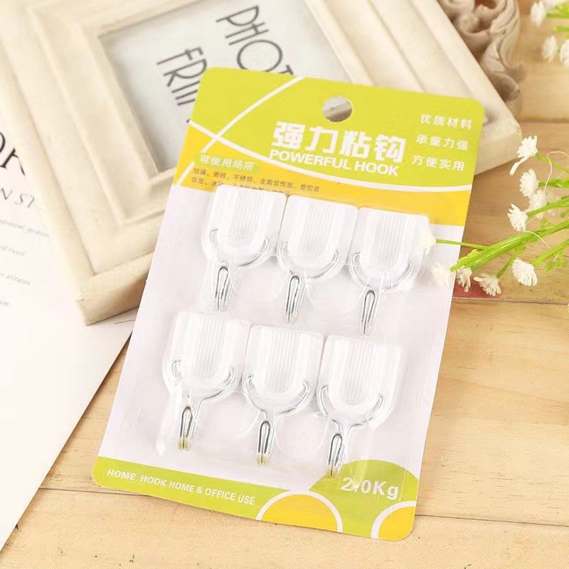 厨房创意简约纯色粘钩免打6个装饰挂钩粘胶墙壁挂墙透明浴室粘钩