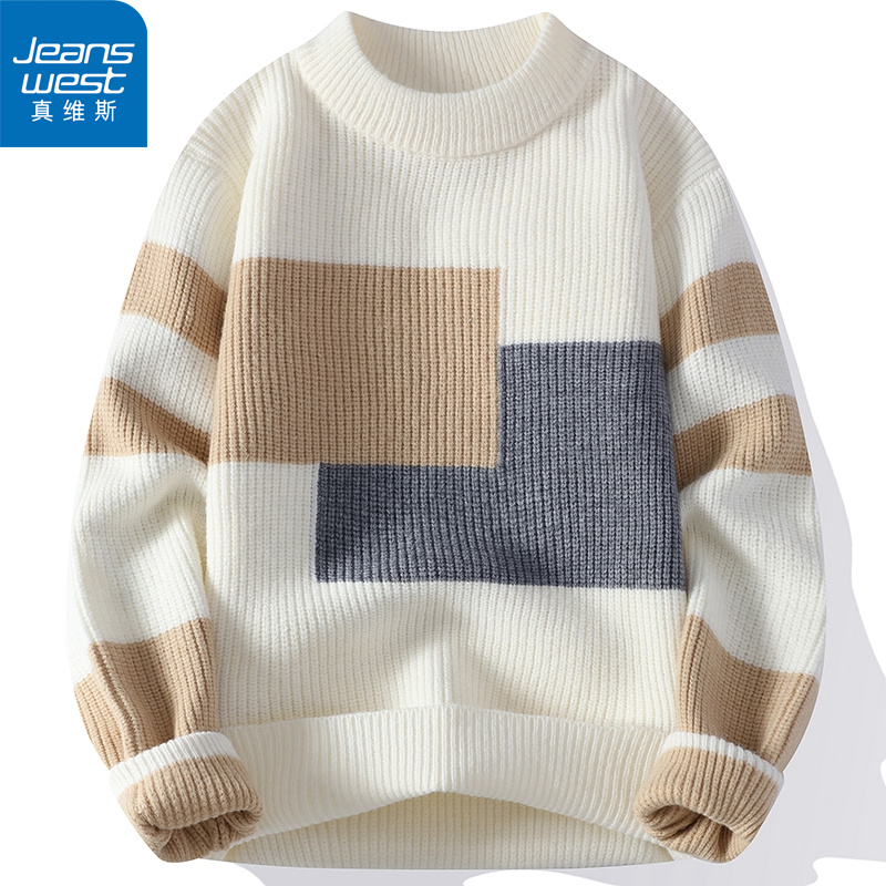 真维斯毛衣男款冬季潮牌2023爆款拼色圆领加厚百搭帅气保暖针织衫