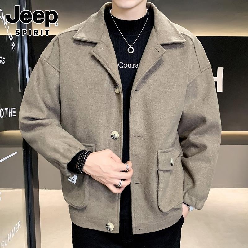 Jeep吉普毛呢大衣男士春季新款潮牌翻领休闲夹克短款呢子外套男款