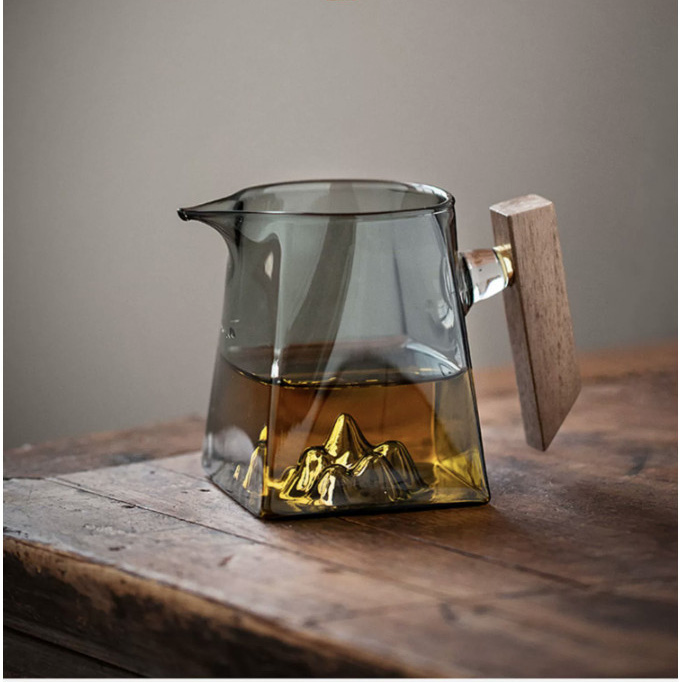 宿青烟灰方底观山公道杯玻璃分茶器木柄玻璃茶器高档茶具