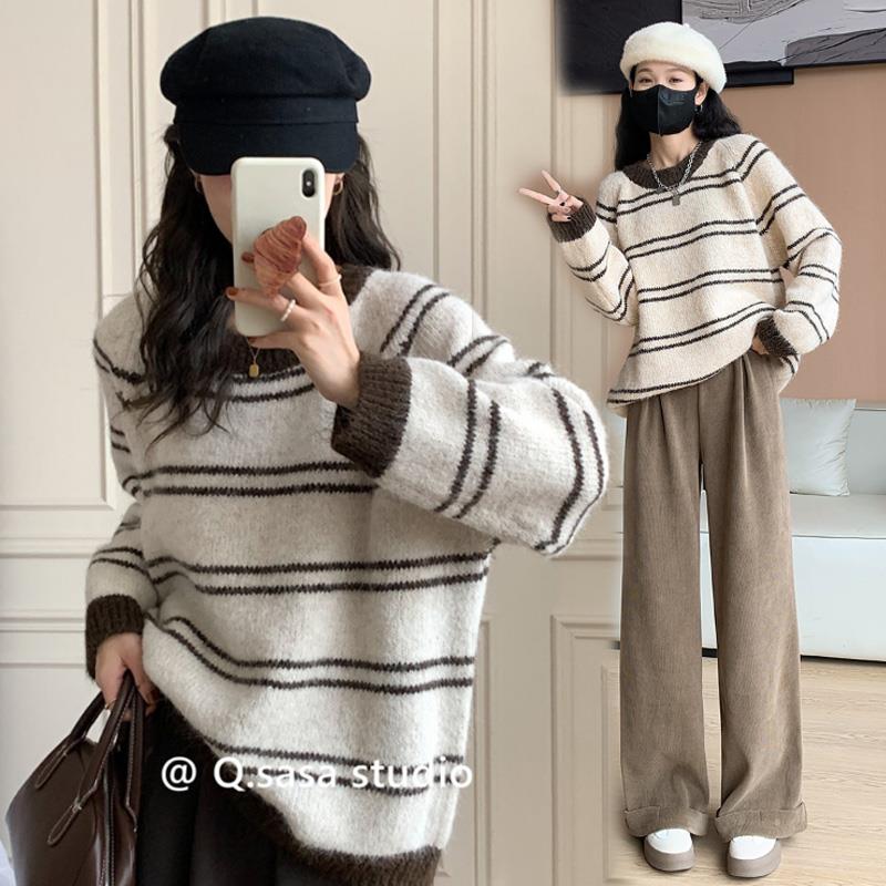 孕妇装秋冬季毛衣2023新款秋装连衣裙女加厚条纹针织上衣时尚套装
