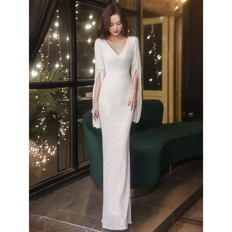 白色高定晚礼服女高级感2023新款长袖宴会气质鱼尾裙高端轻奢小众