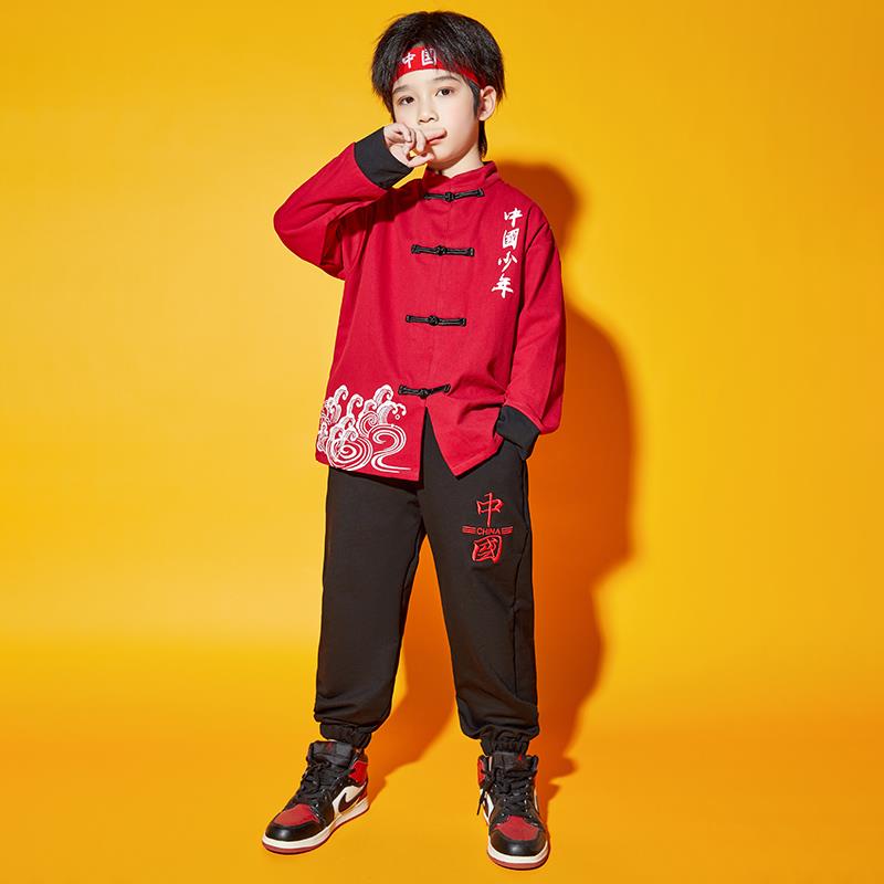 男童套装春秋薄款中国少年汉服2022新款中大童唐装红色儿童演出服