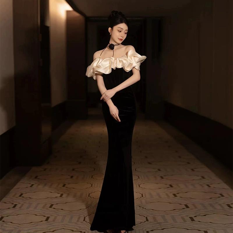 黑色一字肩晚礼服女气质高端鱼尾高级感成人礼宴会连衣裙轻奢小众