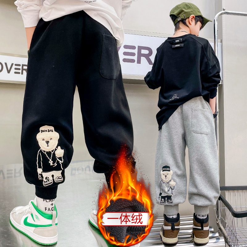 儿童运动休闲裤加绒加厚中大童秋冬裤子潮男童冬季束脚长裤一体绒