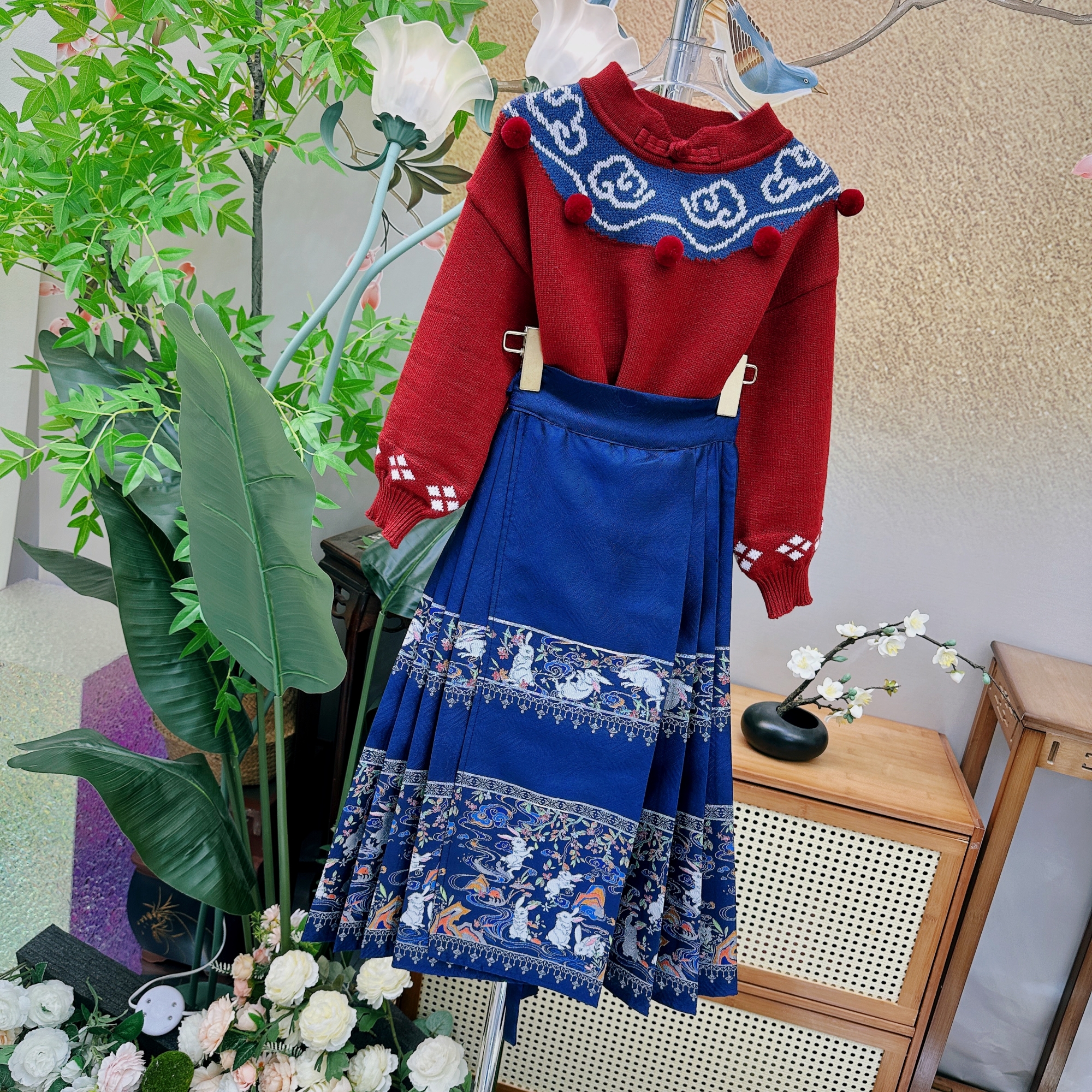 Z【蓝色马面裙毛衣套装】明制马面裙套装汉服亲子款装儿童国风女童