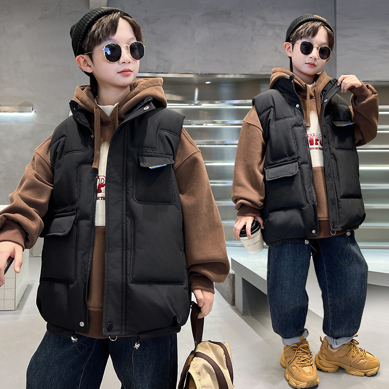 男童马甲套装冬季2023新款男孩儿童装加绒帽衫卫衣韩范马夹两件套