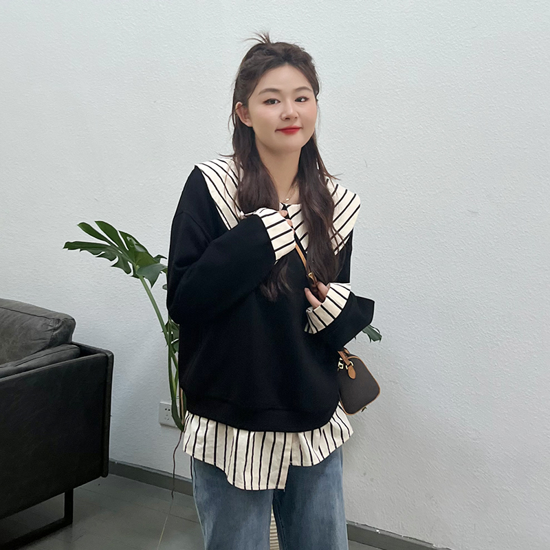 NANXU/楠序源子微胖女装 2023秋季长袖拼接假两件小众卫衣YZ10040