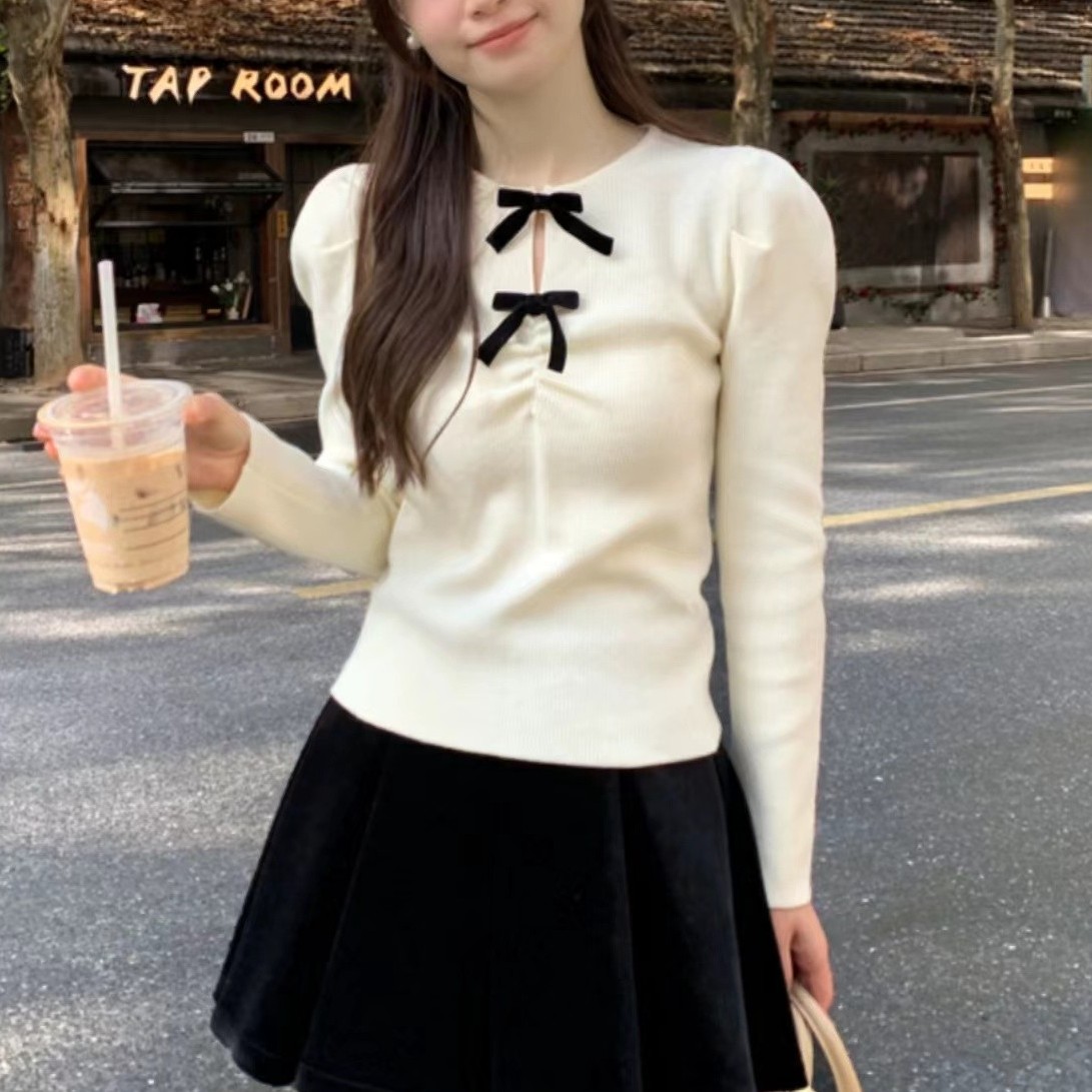 【柒柒新品】P25-新款长袖设计感镂空蝴蝶结内搭针织衫女（CK）