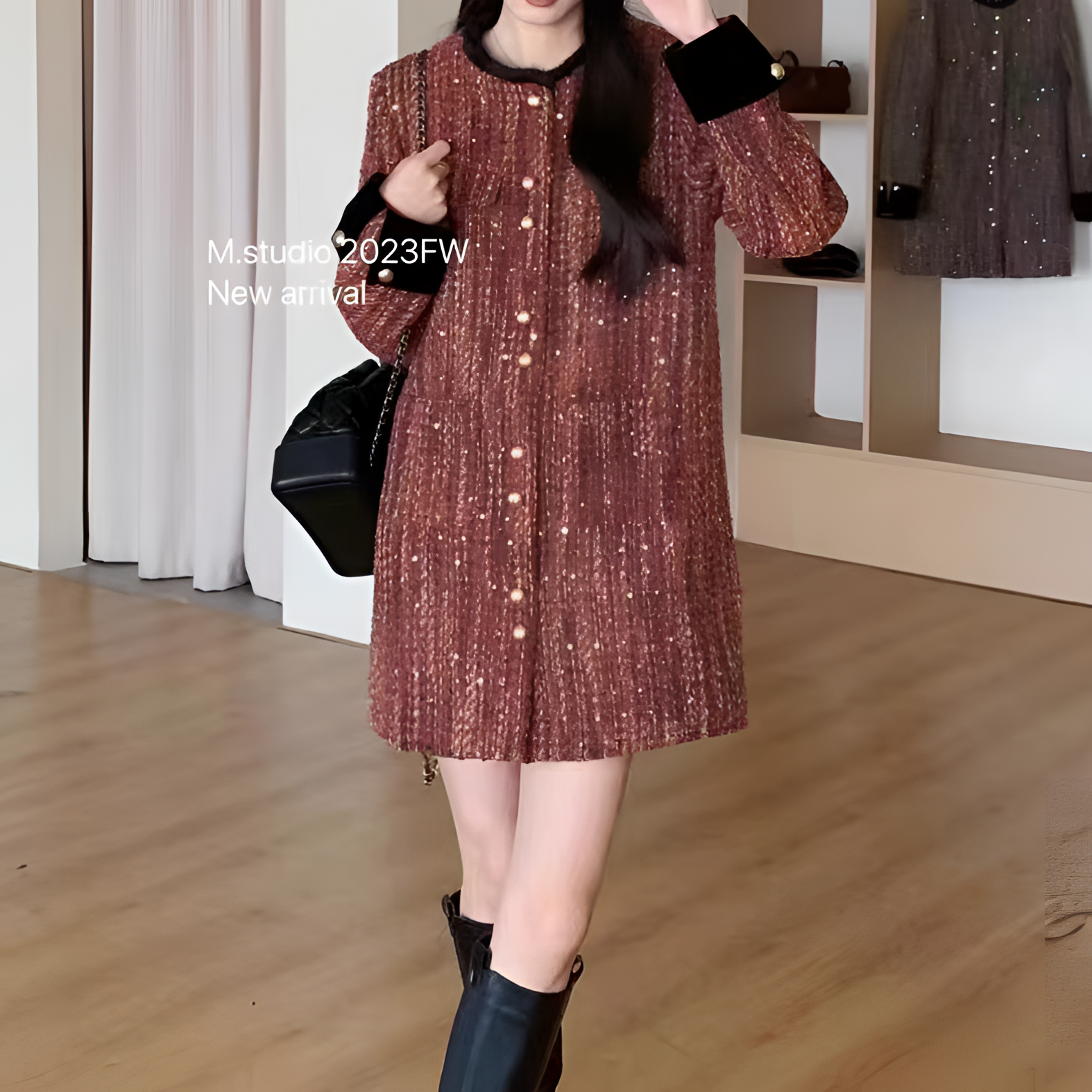 【柒柒新品】F213-中长款女小香风外套粗花呢百搭休闲韩版（CK）