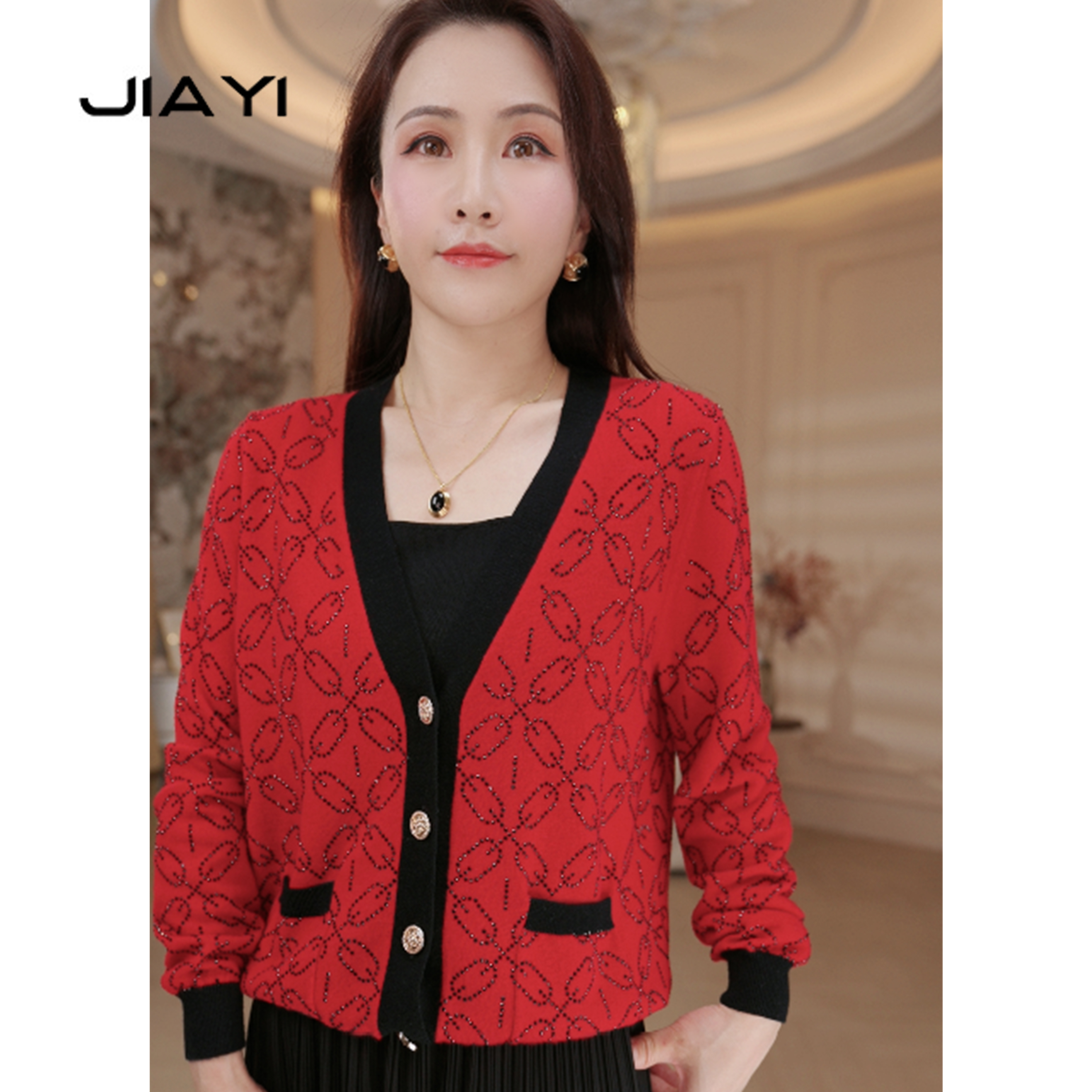 【JIA YI】2023秋季新款小香风撞色烫钻时尚款羊毛开衫 JYD-B235019