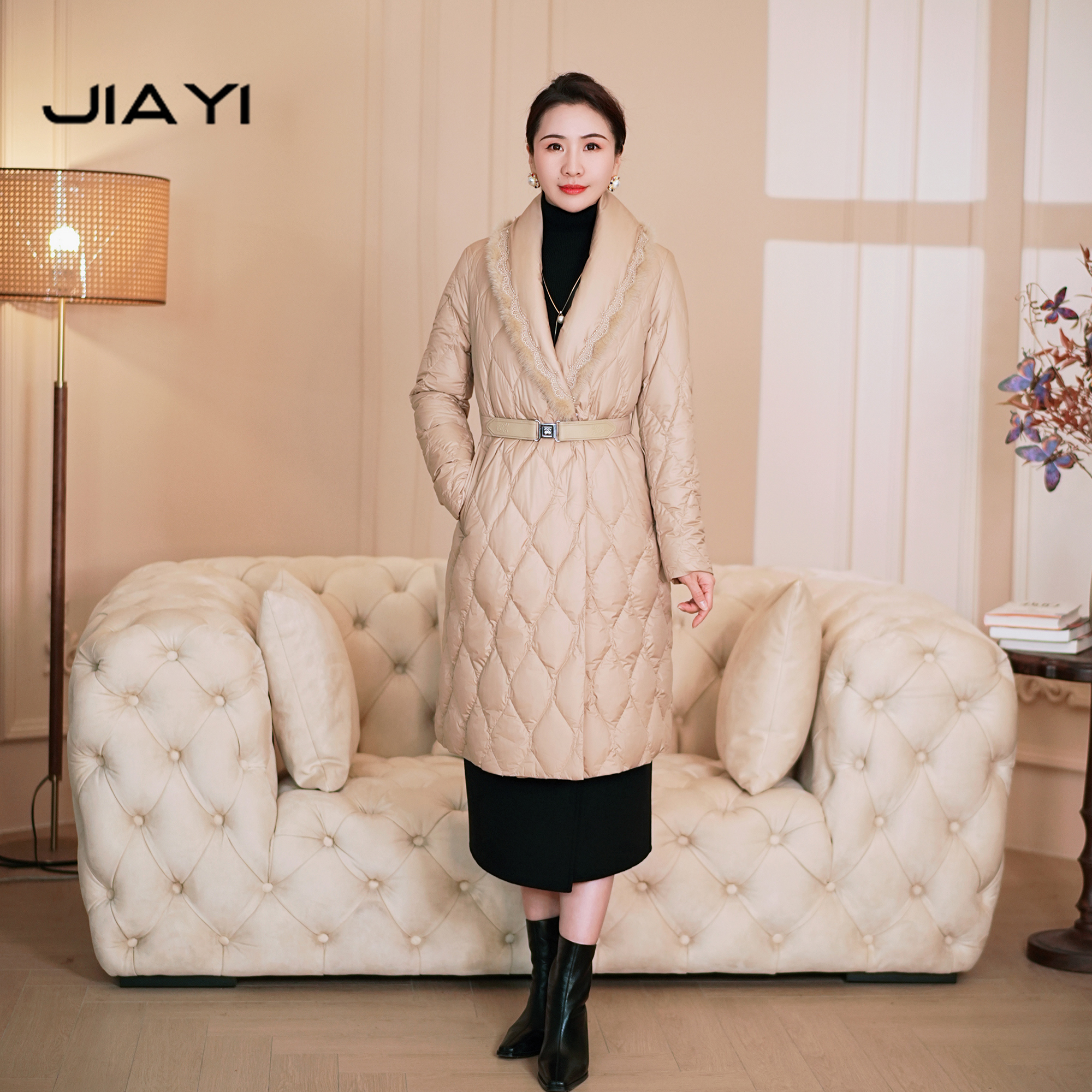 【JIA YI】2023冬季中长款手工镂空刺绣带貂毛鹅绒服 JYD-228278