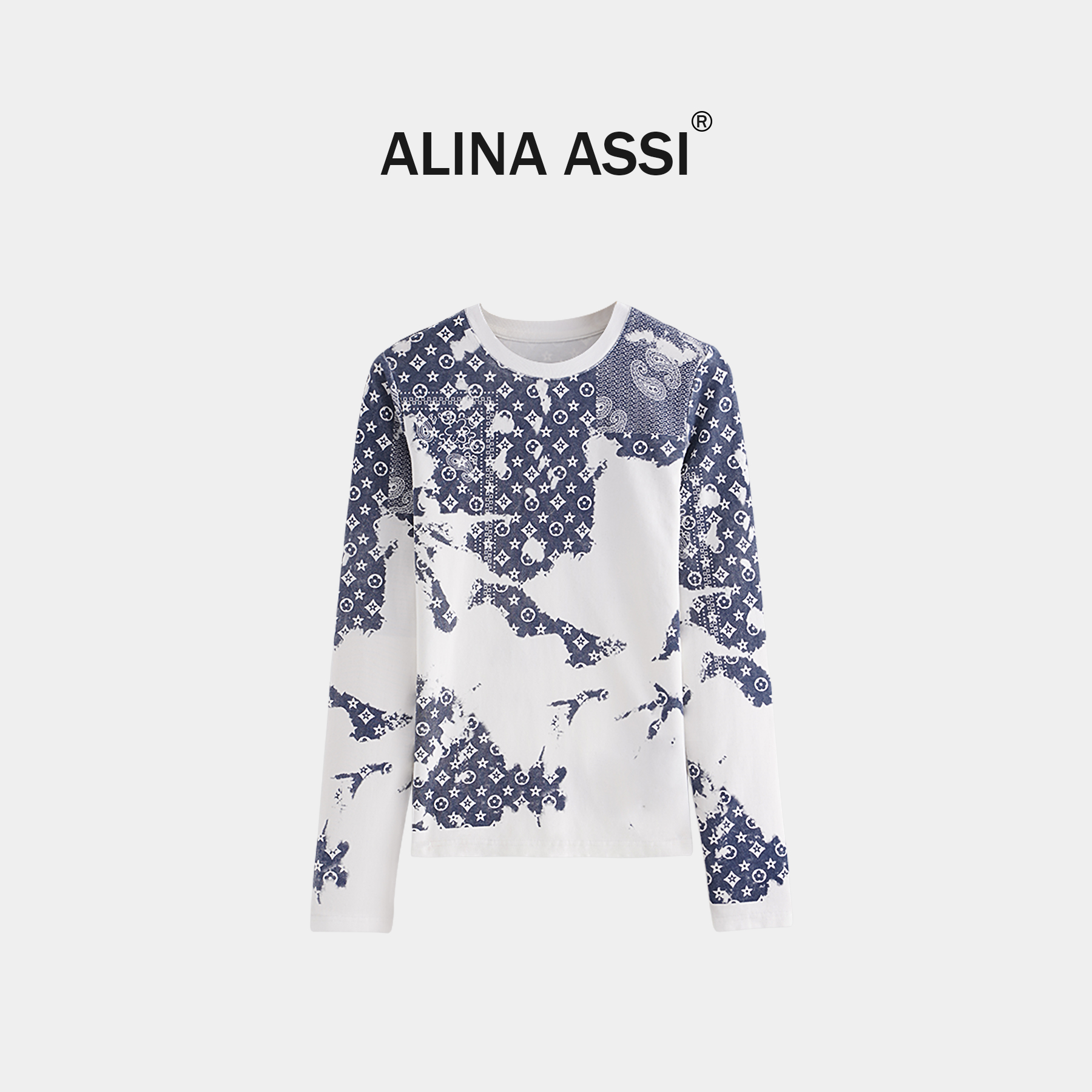 高端潮牌女装上衣女长袖印花拼接T恤时髦洋气内搭打底衫YM2957