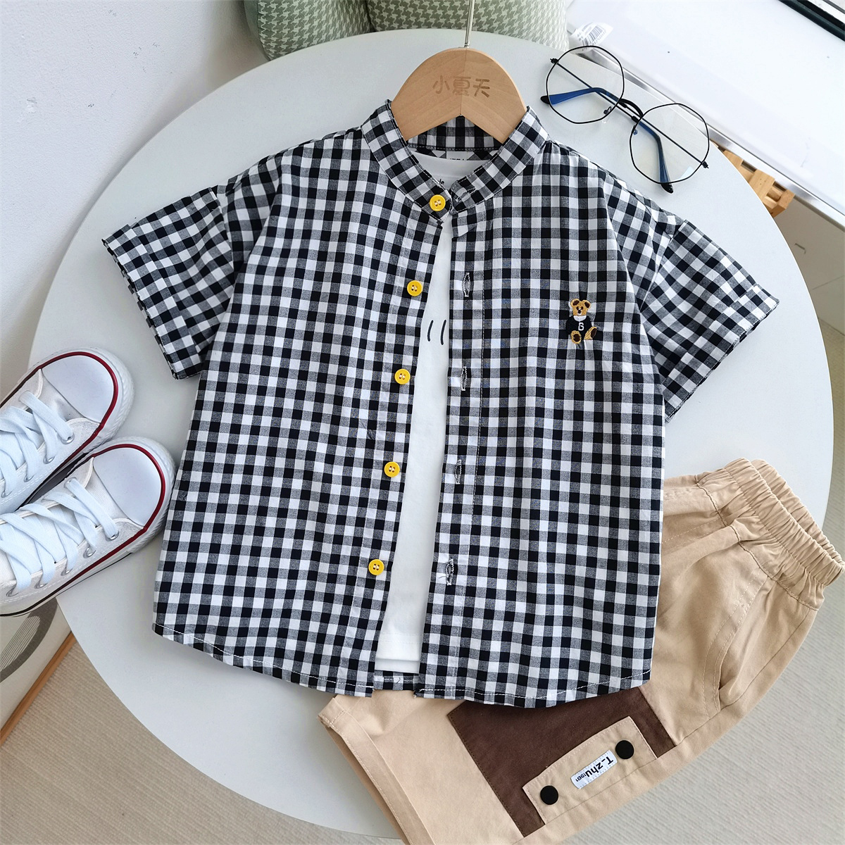 2024夏季男童短袖格子衬衫薄款宝宝衬衣立领中小童韩版儿童上衣潮