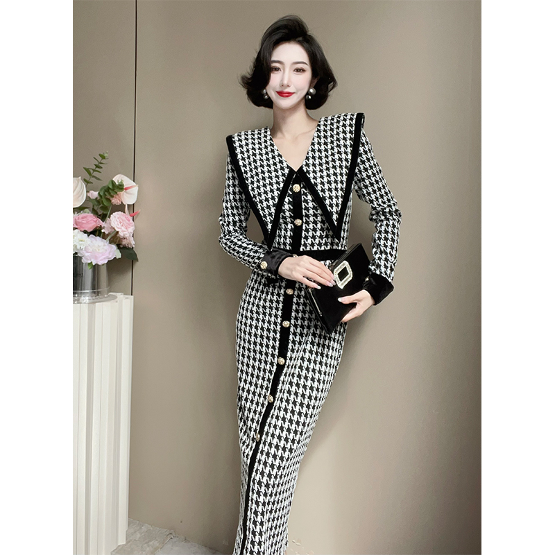 【书匀专享】秋冬千鸟格赫本风法式气质高贵轻奢高端长袖约会连衣裙