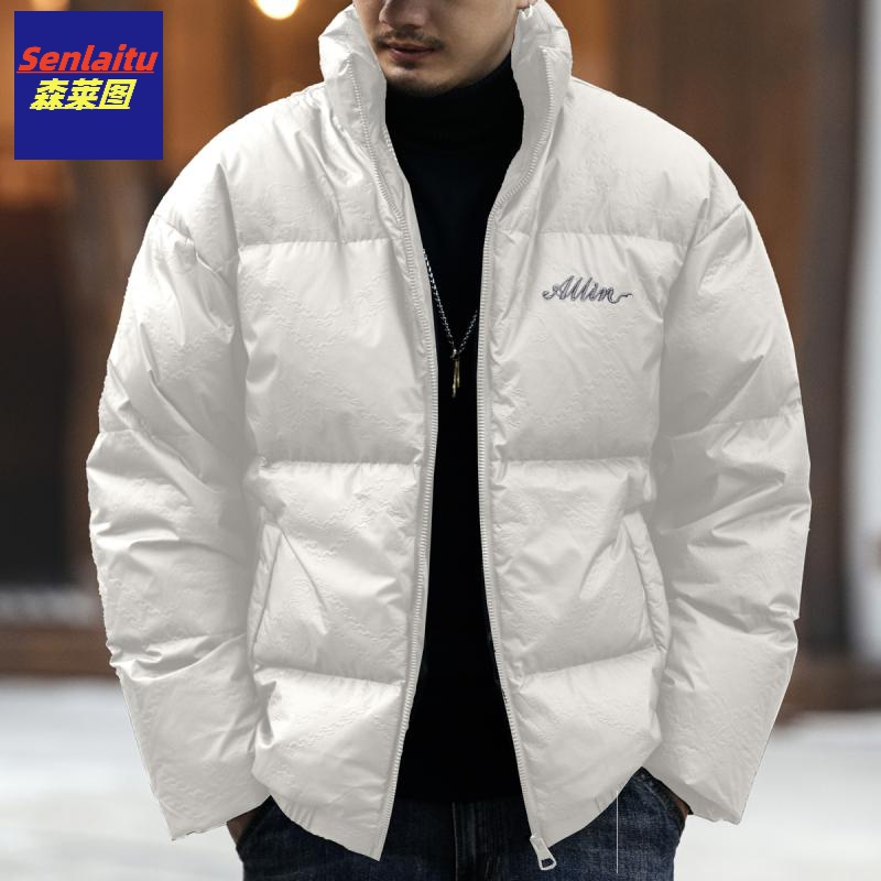 美式潮牌时尚字母刺绣羽绒服男短款宽松立领休闲白色保暖外套男