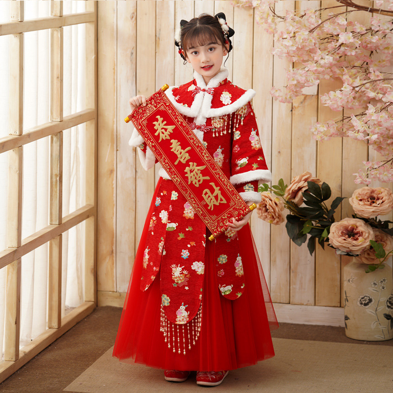 女童汉服冬季加绒加厚中国风冬装裙新款儿童小女孩冬季红色拜年服