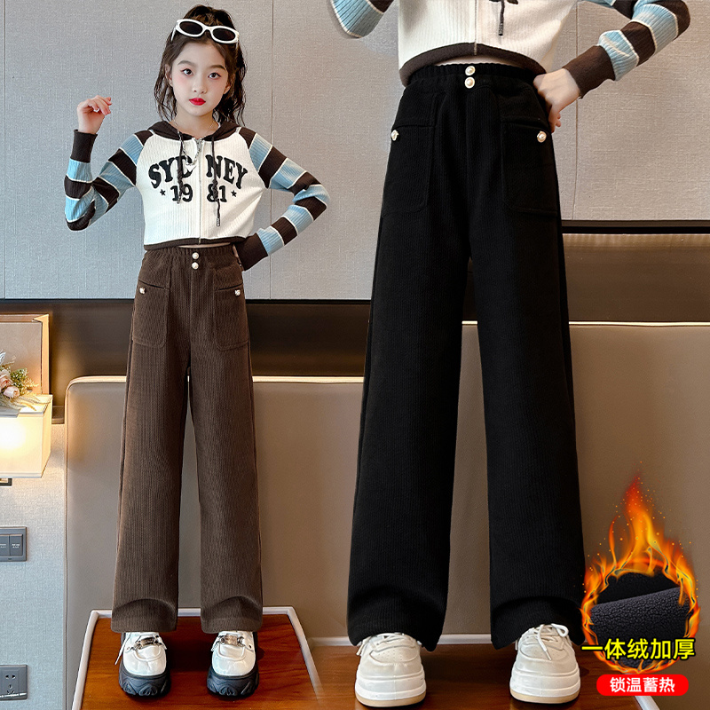 女童裤子秋冬款外穿大童加绒加厚冬天黑色一体绒雪尼尔儿童阔腿裤