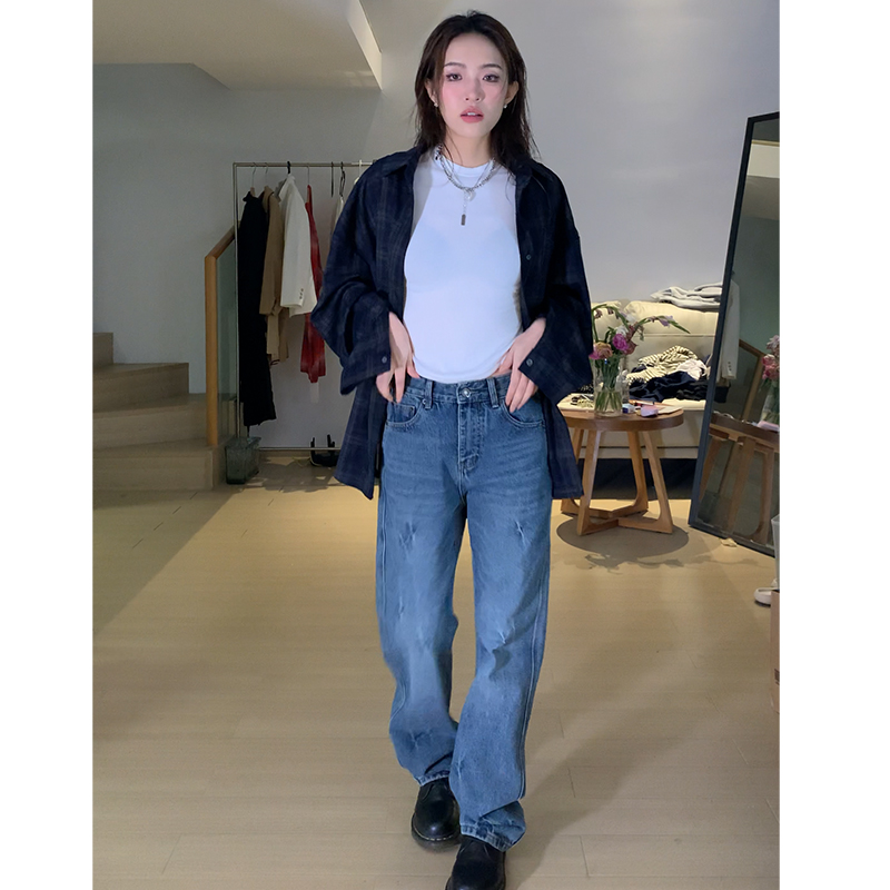 【售完不补】美式复古鸡爪纹牛仔裤新款显瘦直筒阔腿长裤Q5287