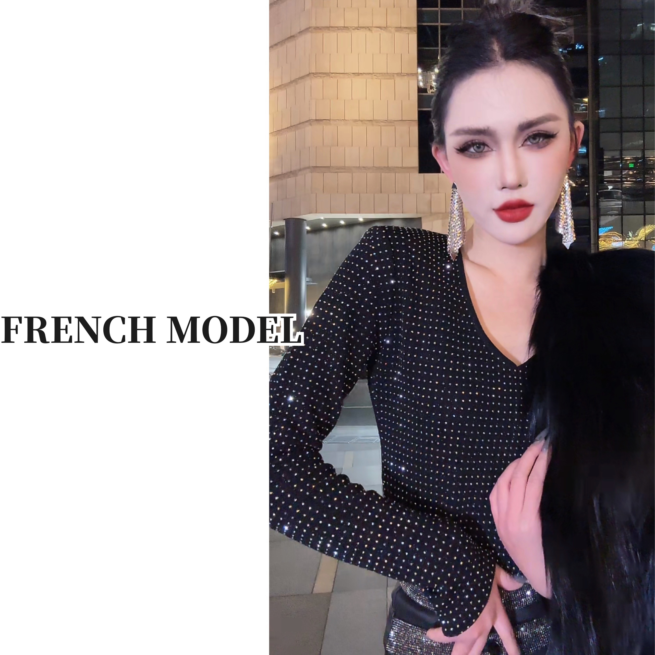 FRENCH MODEL 媛媛.【人群焦点】冬装钻V领长袖T恤女装打底41150313