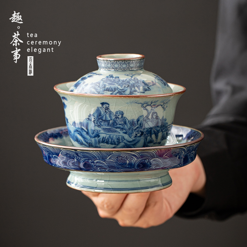 哥窑仿古青花老陶泥三才盖碗茶杯单个陶瓷茶具大号茶碗带盖不烫手