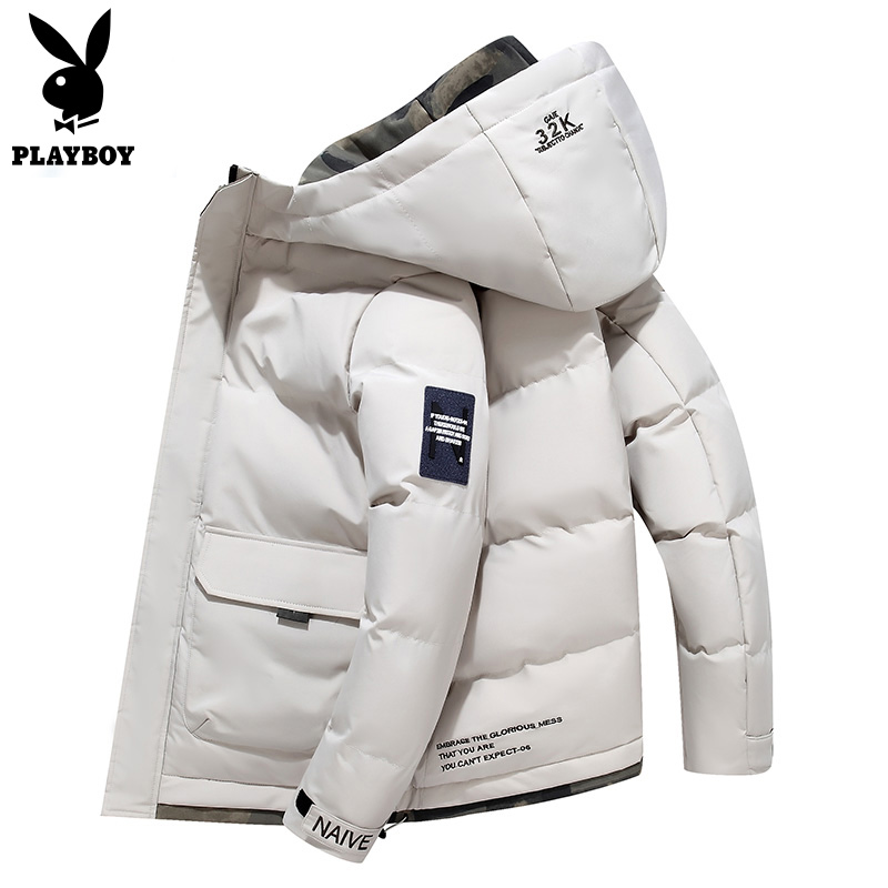PLAYBOY ESTABLISHED 1953男连帽保暖棉衣外套时尚韩版潮流宽松棉