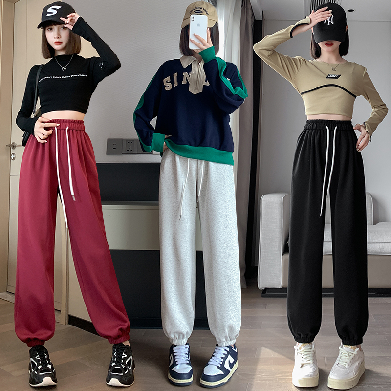 秋冬宽松显瘦休闲裤酒红色美式运动裤女松紧腰抽绳卫裤萝卜灯笼裤